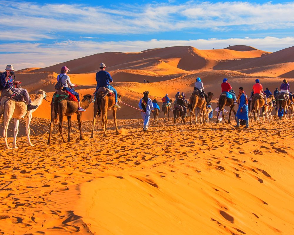 camel riding in sahara desert